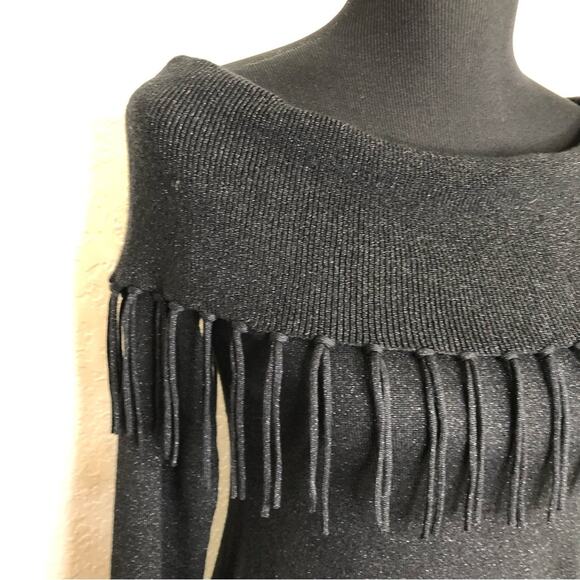 WHBM black metallic off shoulder fringe trim sweater size Small - Picture 6 of 16